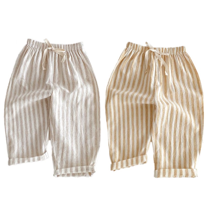 Ashmyova Classic Casual Pants for Boys Thin Cotton Stripe Elastics Waist Spring Summer Trousers Toddler Long Pants 2Pcs Yellow/Khaki Size 3-4 Years - Image 1