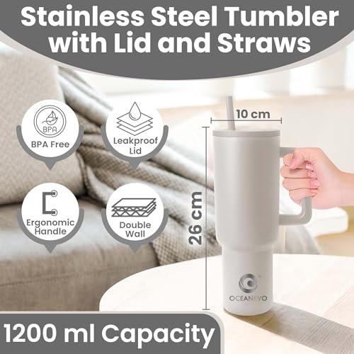 OCEANEVO 1200 ML Stainless Steel Tumbler with Lid and 3 Straws, Double Insulated Cup with Handle for Hot and Cold, 100% Leakproof Mug for Office, Gym and Travel - Black - Image 2