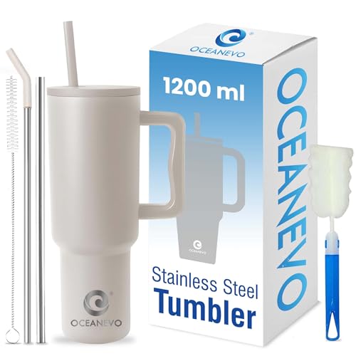 OCEANEVO 1200 ML Stainless Steel Tumbler with Lid and 3 Straws, Double Insulated Cup with Handle for Hot and Cold, 100% Leakproof Mug for Office, Gym and Travel - Black - Image 1