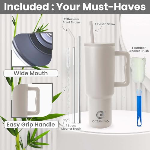 OCEANEVO 1200 ML Stainless Steel Tumbler with Lid and 3 Straws, Double Insulated Cup with Handle for Hot and Cold, 100% Leakproof Mug for Office, Gym and Travel - Black - Image 5
