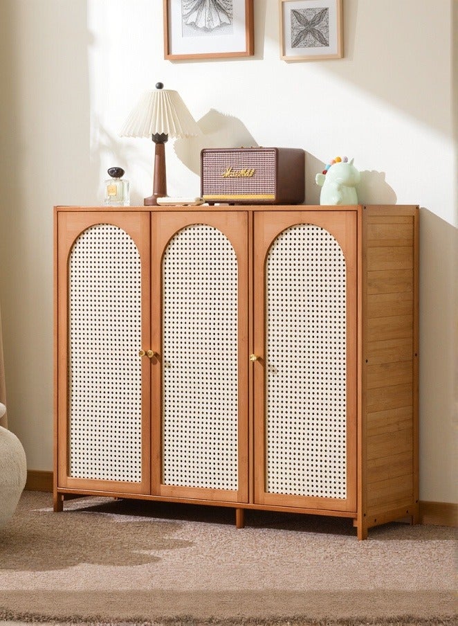 WALALLA Rattan Storage Cabinet with 3 Doors, Boho Sideboard Buffet Cabinet Solid Wood Farmhouse Credenza Cabinet Dustproof Display Cabinet Locker Bookcase Display Shelves with Adjustable Shelves for Living Room Kitchen Entryway Hallway - Image 1