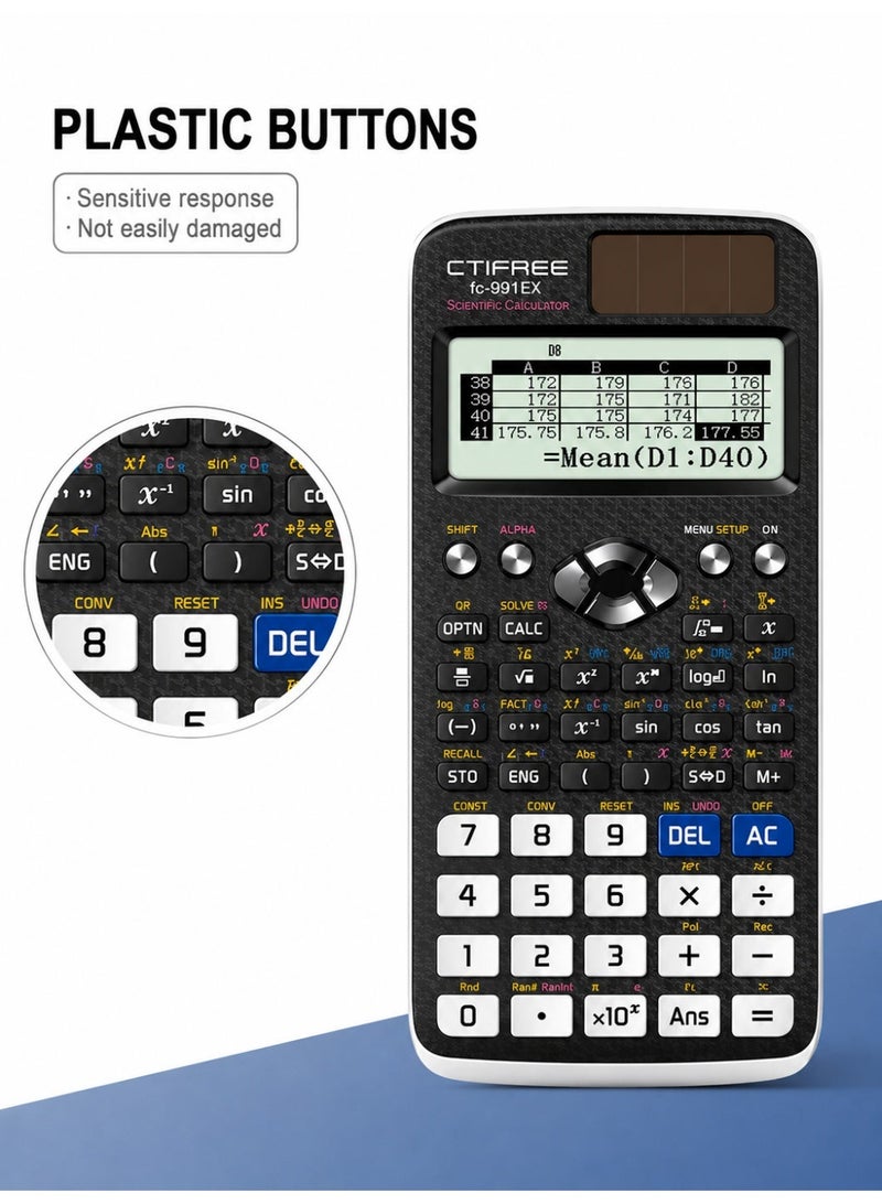 سيتيفري آلة حاسبة علمية FX-991EX، 552 وظيفة، آلة حاسبة هندسية، شاشة عرض طبيعية، تعمل بالطاقة الشمسية والبطارية، مناسبة للامتحانات المدرسية والجامعية، مع حافظة صلبة، لون أسود - Image 3