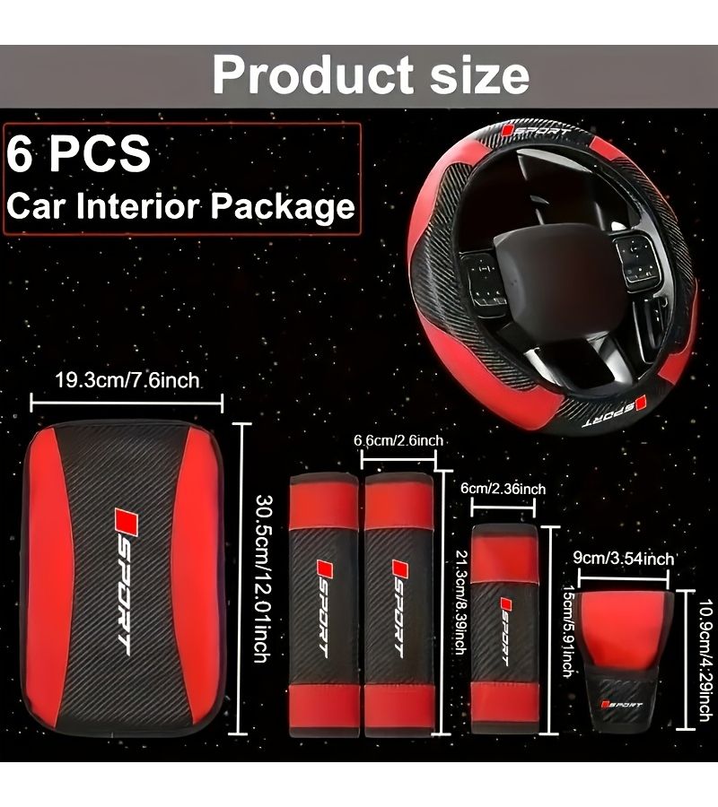 Red PU Leather Car Interior Gift Set 6pcs Universal Non-Slip Steering Wheel Cover - Image 2