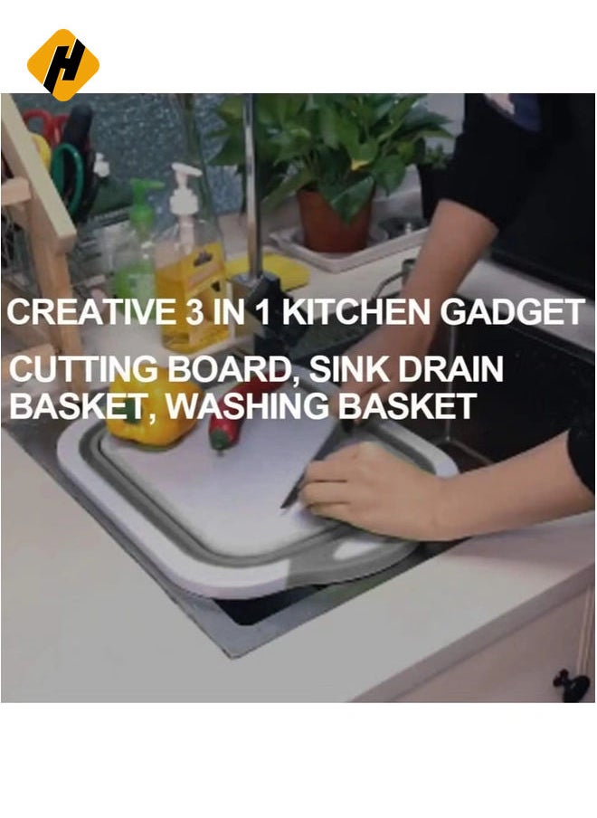 HuHa - Foldable Multifunction Chopping Board, Collapsible Dish Tub Basin Cutting Board Colander, Vegetable Fruit Wash And Drain Sink Storage Basket, Space Saving For Kitchen Home (Grey) - Image 1