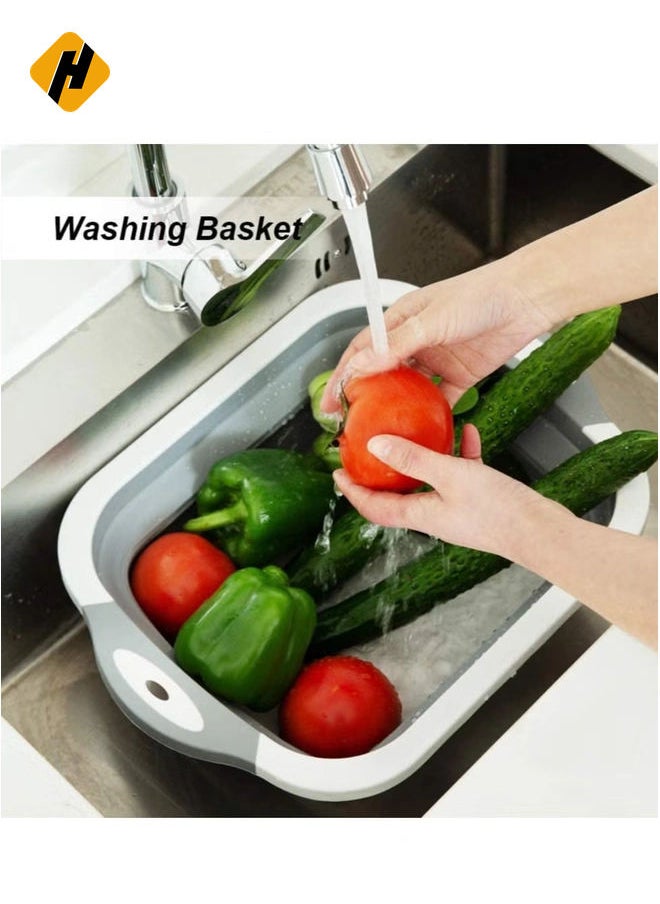 HuHa - Foldable Multifunction Chopping Board, Collapsible Dish Tub Basin Cutting Board Colander, Vegetable Fruit Wash And Drain Sink Storage Basket, Space Saving For Kitchen Home (Grey) - Image 1