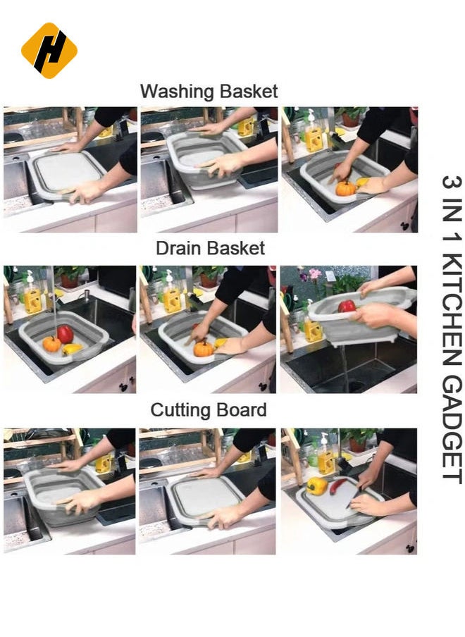 HuHa - Foldable Multifunction Chopping Board, Collapsible Dish Tub Basin Cutting Board Colander, Vegetable Fruit Wash And Drain Sink Storage Basket, Space Saving For Kitchen Home (Grey) - Image 1