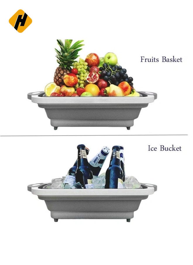 HuHa - Foldable Multifunction Chopping Board, Collapsible Dish Tub Basin Cutting Board Colander, Vegetable Fruit Wash And Drain Sink Storage Basket, Space Saving For Kitchen Home (Grey) - Image 1