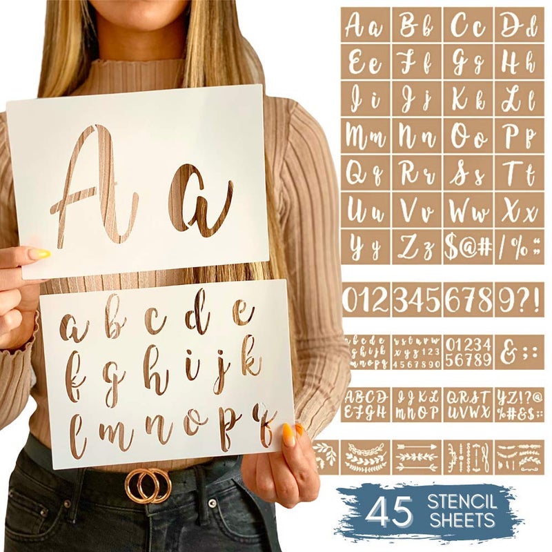 Boutique Calligraphy Stencil Template Kit 45 Reusable Pieces Lettering Upper Lowercase Large Small Numbers Punctuation Laurels and Flowers For Arts Crafts Painting Wood Calligraphy Kit