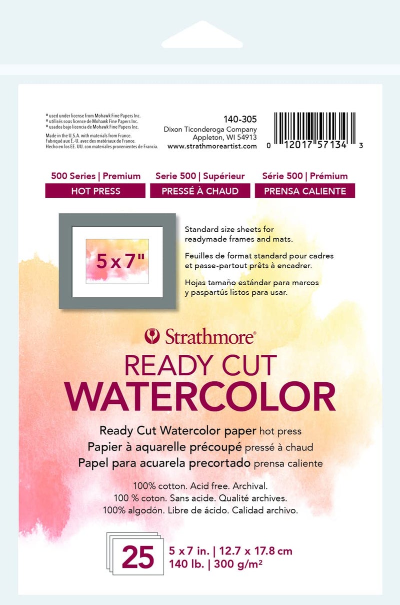 Strathmore 140-305 500 Series Ready Cut Watercolor Paper, 140 lb. Hot Press, 5"x7", 25 Sheets, Multicolor - Image 1