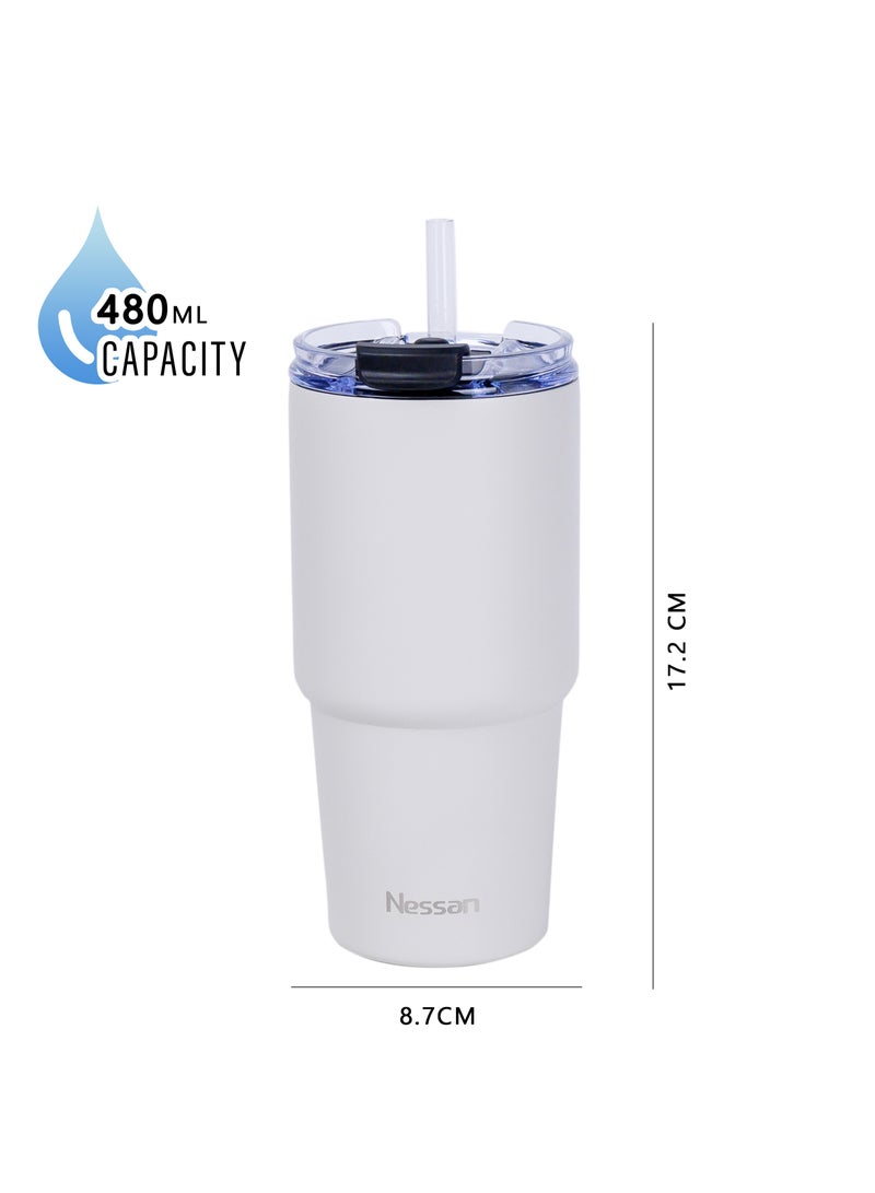 Nessan كوب سفر مزدوج الجدار من نيسان مصنوع من الفولاذ المقاوم للصدأ مع عزل فراغ وغطاء ذو وظيفتين وقشة للماء، الشاي المثلج أو القهوة الساخنة، السموذي والمزيد (بيج، 480 مل) - Image 3