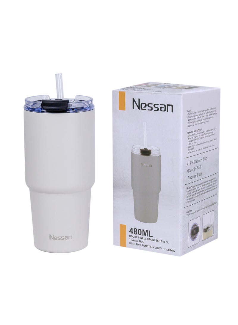 Nessan كوب سفر مزدوج الجدار من نيسان مصنوع من الفولاذ المقاوم للصدأ مع عزل فراغ وغطاء ذو وظيفتين وقشة للماء، الشاي المثلج أو القهوة الساخنة، السموذي والمزيد (بيج، 480 مل) - Image 5