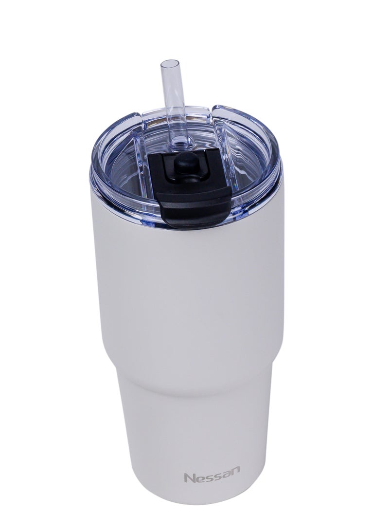 Nessan كوب سفر مزدوج الجدار من نيسان مصنوع من الفولاذ المقاوم للصدأ مع عزل فراغ وغطاء ذو وظيفتين وقشة للماء، الشاي المثلج أو القهوة الساخنة، السموذي والمزيد (بيج، 480 مل) - Image 2