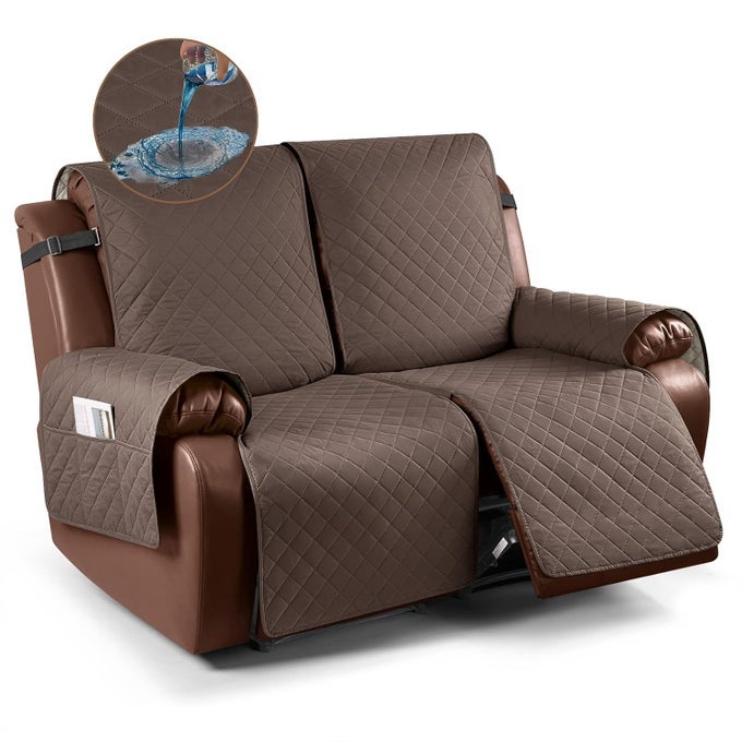 WATERPROOF LOVESEAT RECLINER COVER NONSLIP RECLINING COUCH COVERS FOR 2 SEAT RECLINER SOFA COVER FURNITURE PROTECTOR WITH ELASTIC STRAPS FOR KIDS PETS BROWN
