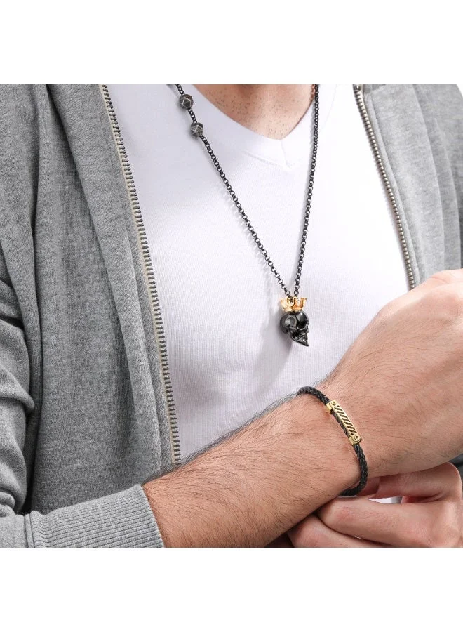 POLICE Plaquetes Gold with Black Enamel Leather Bracelet L