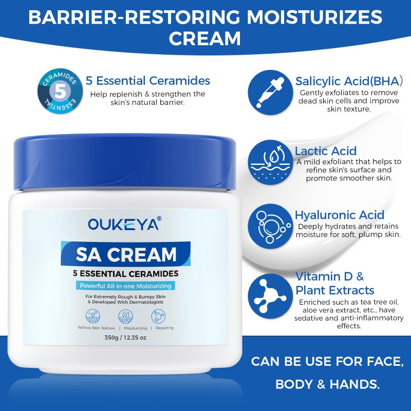 OUKEYA SA Cream for Rough & Bumpy Extremely Dry Skin with 5 Kinds of Ceramides & Salicylic Acid,Exfoliating Moisturizing Body Lotion with Long-Lasting Moisture,Dermatologist Recommended,12.35 Ounce - Image 3