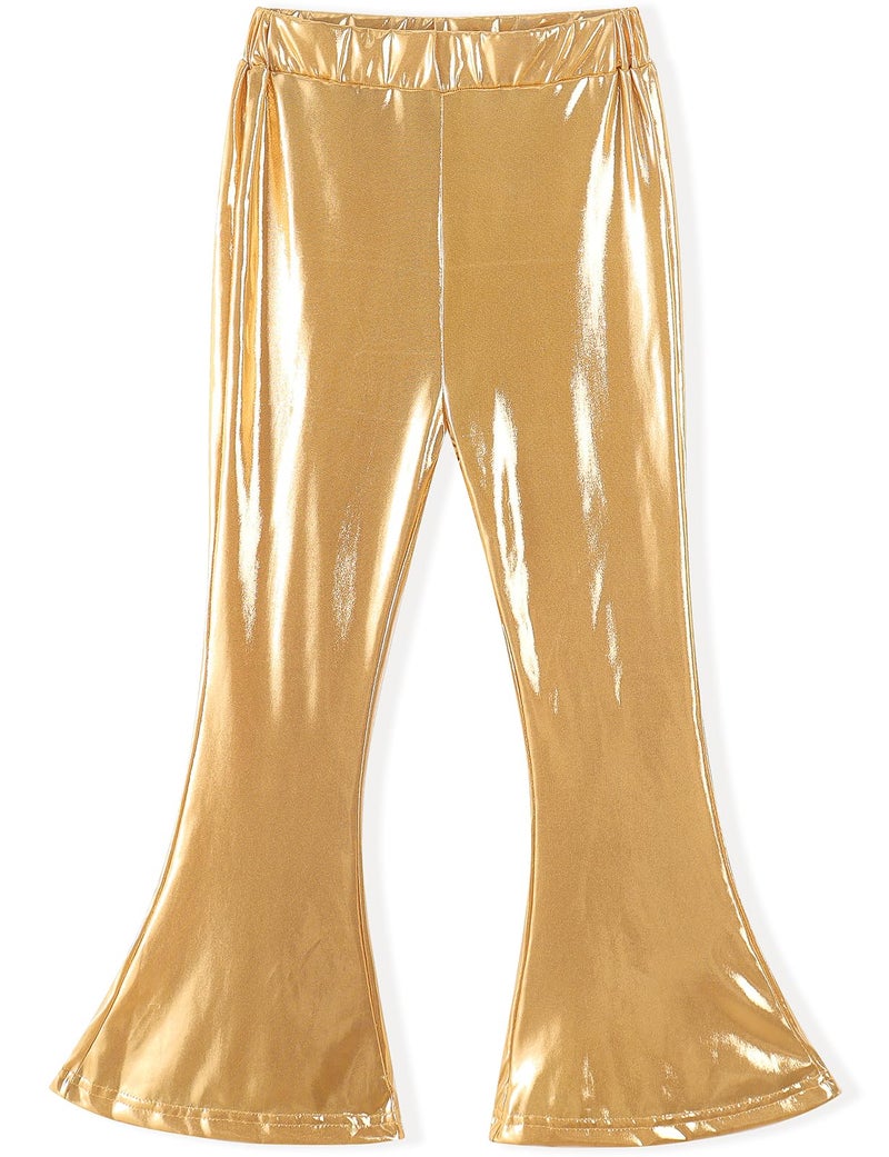 Noomelfish Girls Metallic Flare Leggings Pants Kids Yoga Disco Dance Bell Bottoms, Gold Yellow, Size 7-8 Years - Image 1