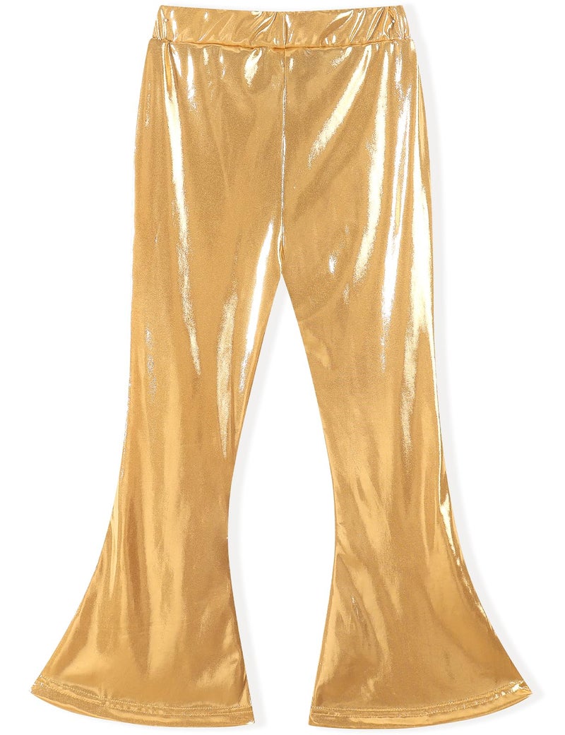 Noomelfish Girls Metallic Flare Leggings Pants Kids Yoga Disco Dance Bell Bottoms, Gold Yellow, Size 7-8 Years - Image 2