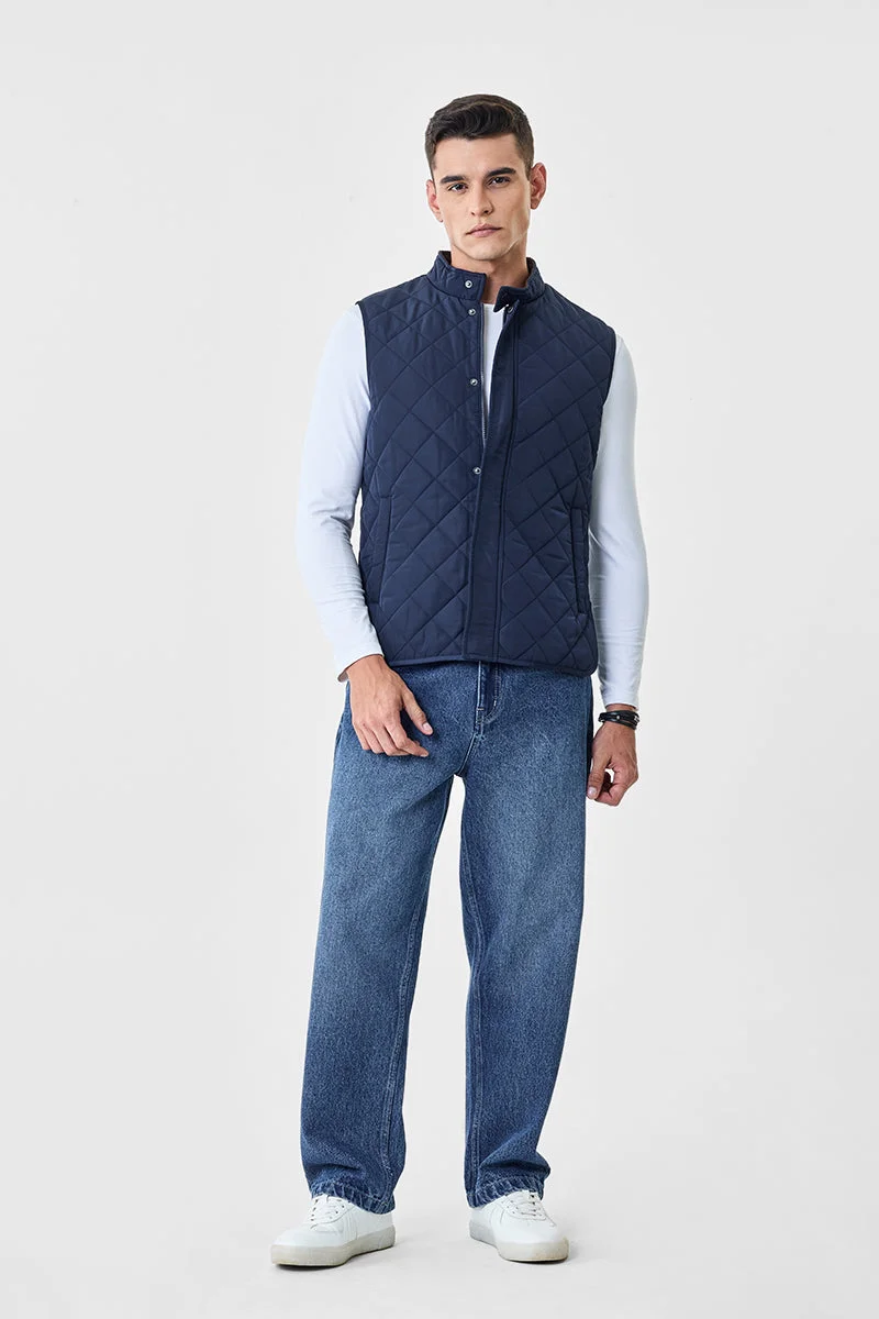 سنيتش Navy Textured Sleeveless Regular Fit Jacket