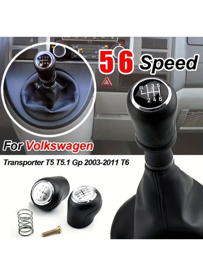 لمركبة فولكس فاجن T5 T5.1 GP 2003 2011 T6 ترانسبورتر، مقبض نقل السرعات اليدوي بـ 6 سرعات، لون أسود، جلد صناعي مدمج مع رأس ذراع نقل الحركة مع دبوس زنبركي. - Image 1