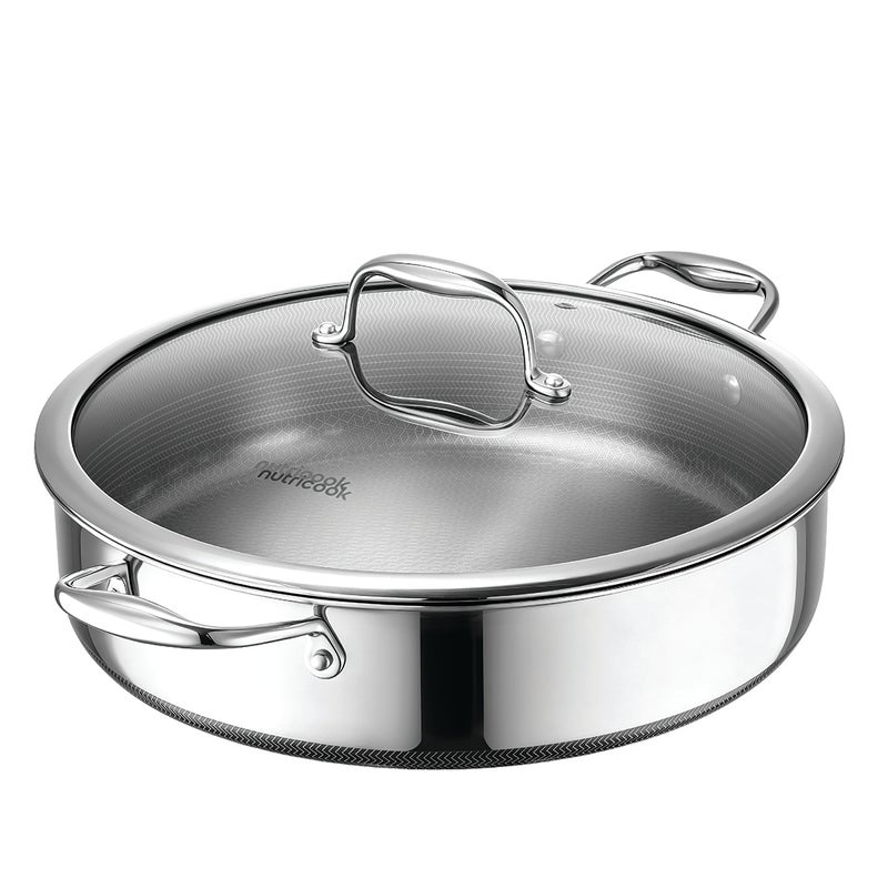 nutricook Eterna Tri-Ply Hybrid 30cm Low Pot (Kadai) with Lid – Stainless Steel & Ceramic Coating, Metal-Utensil Safe, Oven & Dishwasher-Safe, Induction & All Cooktops Compatible - Image 1