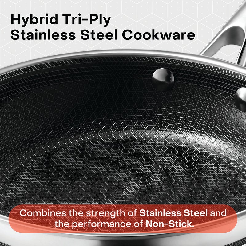 nutricook Eterna Tri-Ply Hybrid 30cm Low Pot (Kadai) with Lid – Stainless Steel & Ceramic Coating, Metal-Utensil Safe, Oven & Dishwasher-Safe, Induction & All Cooktops Compatible - Image 2