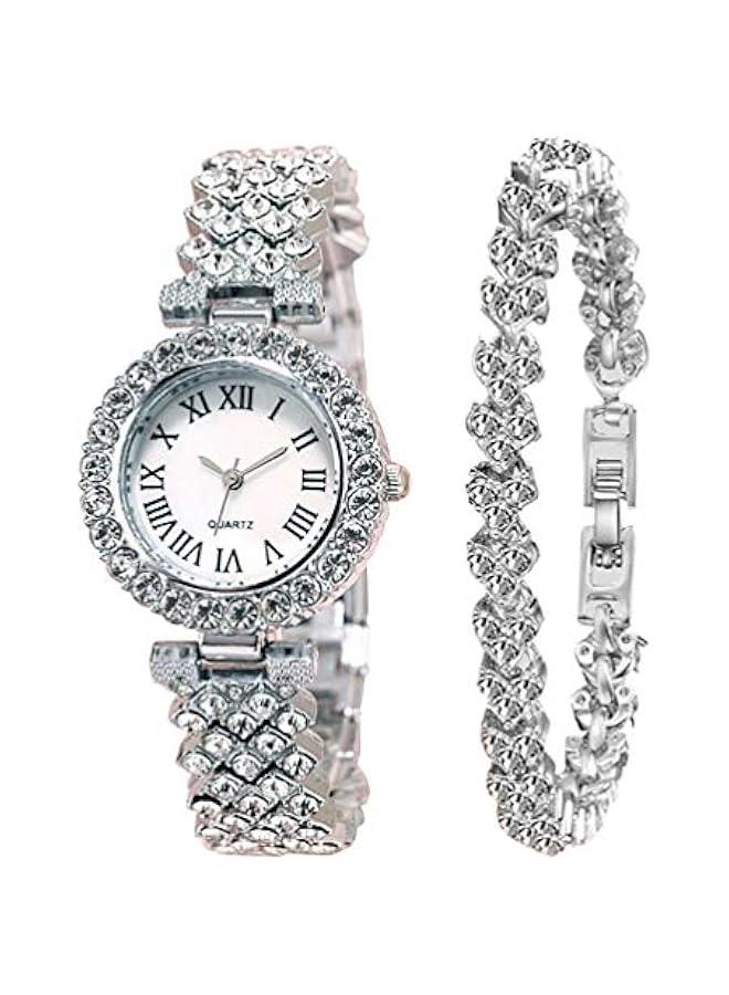 2pcs Rhinestone Watch Set Shiny Quartz Crystal Wrist Watch Luxury Diamond Shining Bling Watches with Stainless Steel Bracelet Gift for Women Girls Birthday (Silver) - Image 1