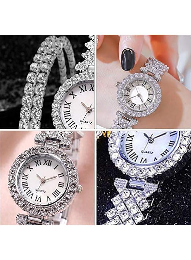 2pcs Rhinestone Watch Set Shiny Quartz Crystal Wrist Watch Luxury Diamond Shining Bling Watches with Stainless Steel Bracelet Gift for Women Girls Birthday (Silver) - Image 2