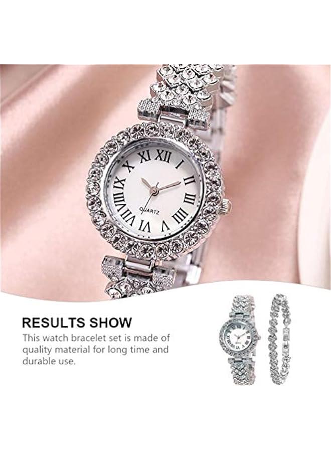 2pcs Rhinestone Watch Set Shiny Quartz Crystal Wrist Watch Luxury Diamond Shining Bling Watches with Stainless Steel Bracelet Gift for Women Girls Birthday (Silver) - Image 3