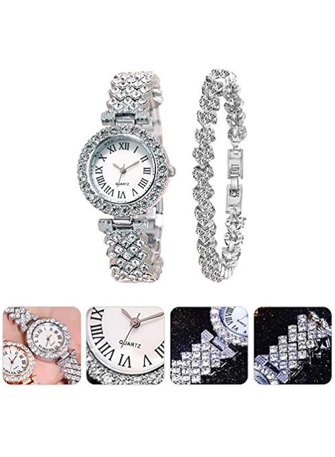 2pcs Rhinestone Watch Set Shiny Quartz Crystal Wrist Watch Luxury Diamond Shining Bling Watches with Stainless Steel Bracelet Gift for Women Girls Birthday (Silver) - Image 4