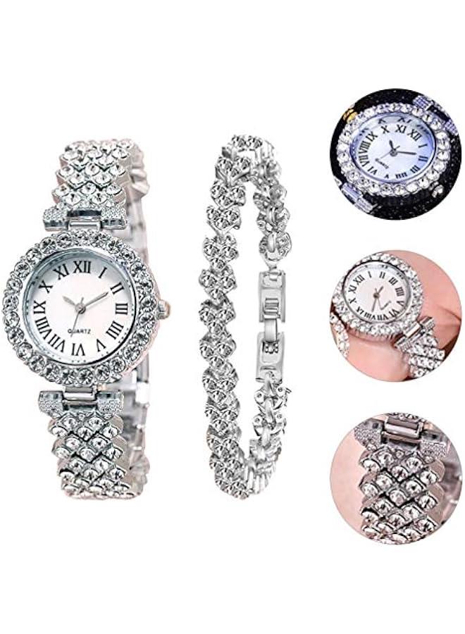 2pcs Rhinestone Watch Set Shiny Quartz Crystal Wrist Watch Luxury Diamond Shining Bling Watches with Stainless Steel Bracelet Gift for Women Girls Birthday (Silver) - Image 5