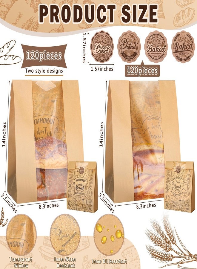 Spakon 120 Pack Large Kraft Paper Bread Bags for Homemade Bread 14 x 8.3 x 3.5 Sourdough Bakery Bags with Window with 120 Pcs Baked with Love Stickers for Baked Food Packaging Storage - Image 2