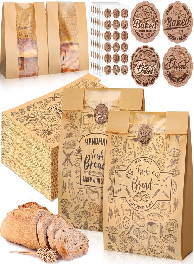Spakon 120 Pack Large Kraft Paper Bread Bags for Homemade Bread 14 x 8.3 x 3.5 Sourdough Bakery Bags with Window with 120 Pcs Baked with Love Stickers for Baked Food Packaging Storage - Image 1