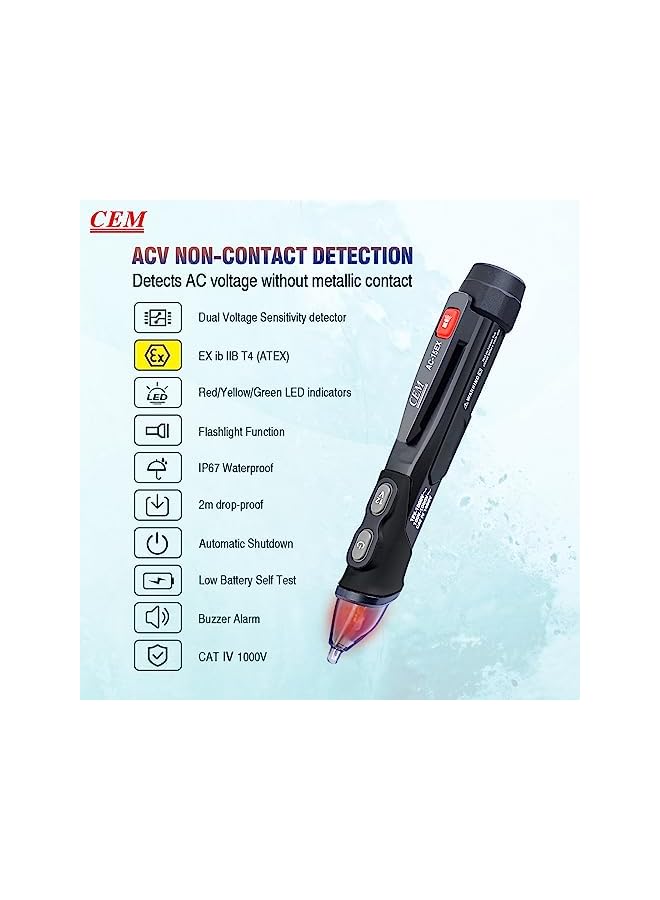 CEM AC-15EX Voltage Tester,Non-Contact Volt Tester, with Dual Range AC 12V-1000V/100V-1000V, Live/Null Wire Tester, Buzzer Alarm, Wire Breakpoint Finder, Flashlight, Ex ib IIB T4 (ATEX) - Image 3