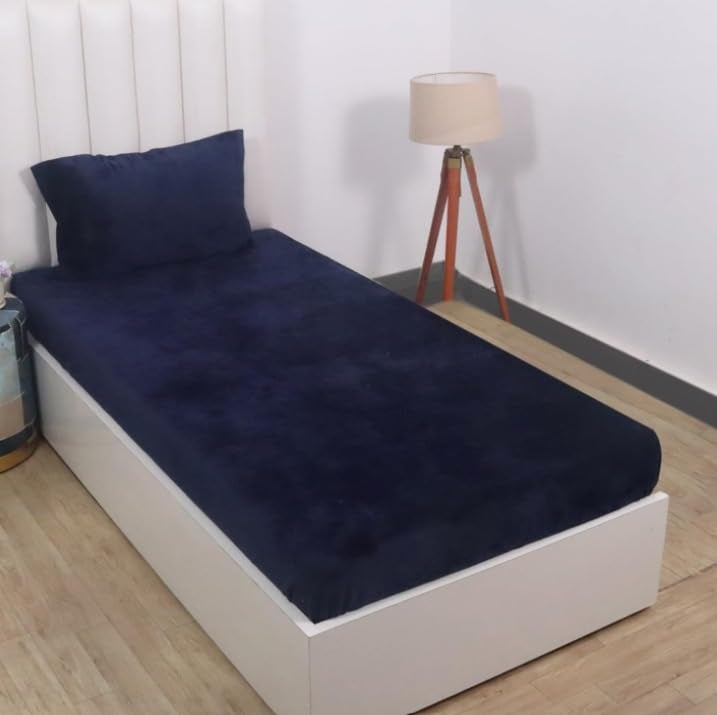 S&S Sands® Elastic Warm Bedsheet for Winter Single Bed 36 x 78 x 8 inches, with 1 Pillow Cover. (Navy Blue) - Image 2