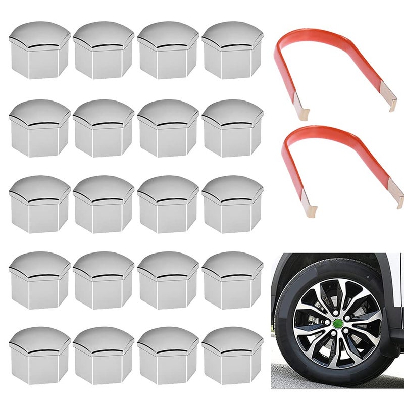 UOIENRT 20 Pcs 17mm Chrome Wheel Lug NUT Bolt Cover CAPS Replacement for Skoda BMW Mercedes with Removal ToolsSilver