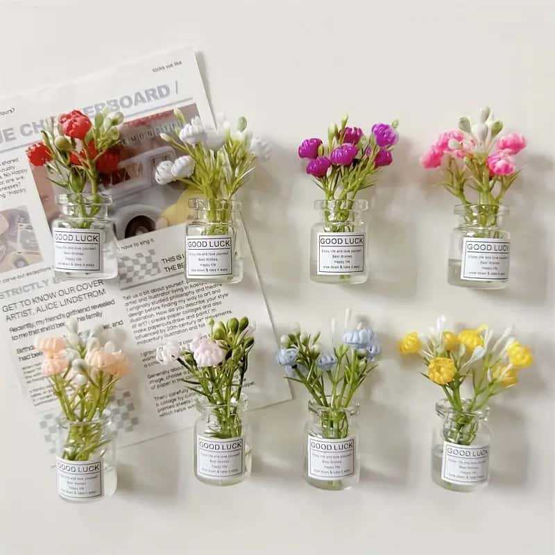 Cross-Border Ins Style Simulated Flower Luminous Glass Bottle Refrigerator Magnet 3D Vase Fun Refrigerator Accessories Kitchen