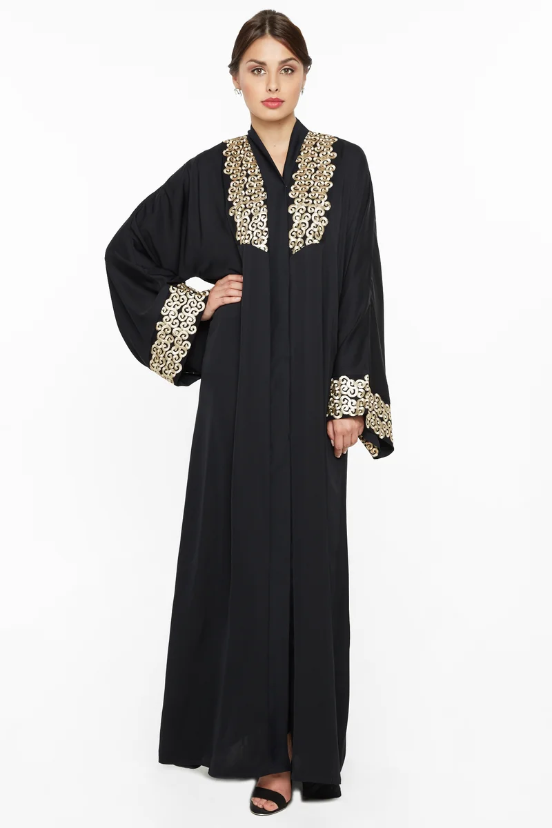 النخبة A casual abaya with golden embroidery by neckline and sleeves-AJ518A