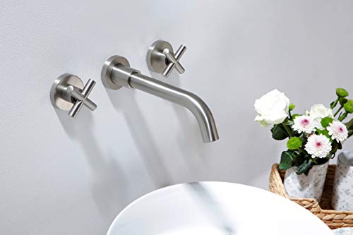 SITGES Brushed Nickel Bathroom Faucet, Double Handle Wall Mount Bathroom Sink Faucet and Rough in Valve Included (Brushed Nickel) - Image 5