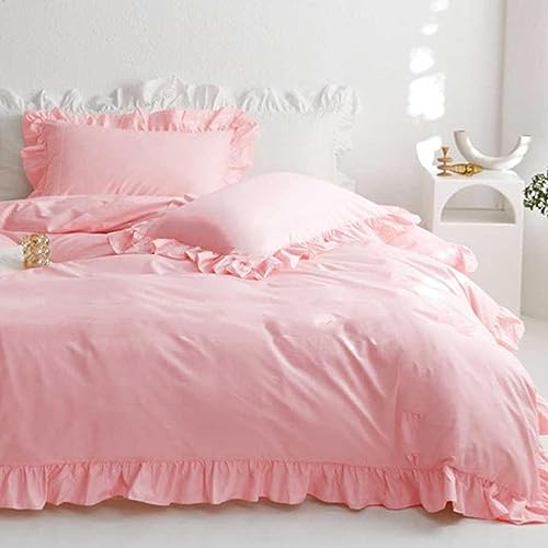 Faincy Pink Ruffle Duvet Cover Full Size, Ruffled Soft Microfiber Comforter Covers Set with Zipper - 3PC 80 X 90 Lightweight, Farmhouse Bedding Vintage Shabby Chic Rustic Bedroom Style for Women Men - Image 1