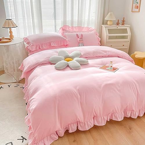 Faincy Pink Ruffle Duvet Cover Full Size, Ruffled Soft Microfiber Comforter Covers Set with Zipper - 3PC 80 X 90 Lightweight, Farmhouse Bedding Vintage Shabby Chic Rustic Bedroom Style for Women Men - Image 3