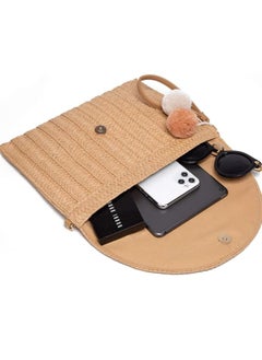 Generic Straw Shoulder Bag Straw Clutch Women Hand-woven PomPom Straw Crossbody Bag Summer Beach Envelope Purse Wallet  - Image 3