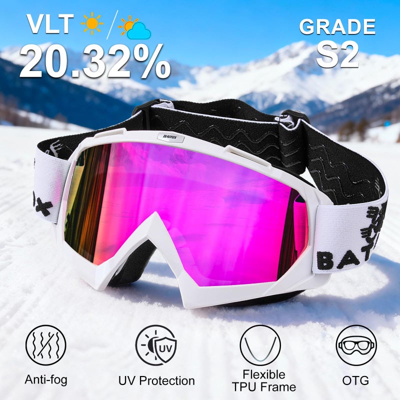 BATFOX Ski Goggles for Men & Women, Anti Fog Snowboard Goggles OTG Over Glasses, 100% UV Protection Snow Goggles for Skiing & Snowboarding - Image 3