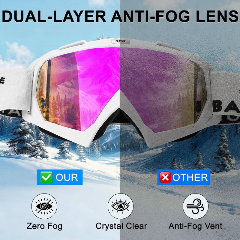 BATFOX Ski Goggles for Men & Women, Anti Fog Snowboard Goggles OTG Over Glasses, 100% UV Protection Snow Goggles for Skiing & Snowboarding - Image 2