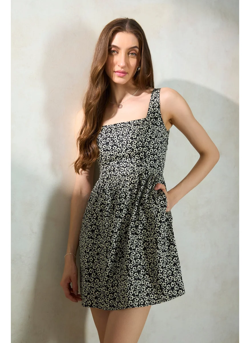 Virgio Virgio Floral Printed Square Neck Shoulder Straps Cut Out Cotton Fit & Flare Dress