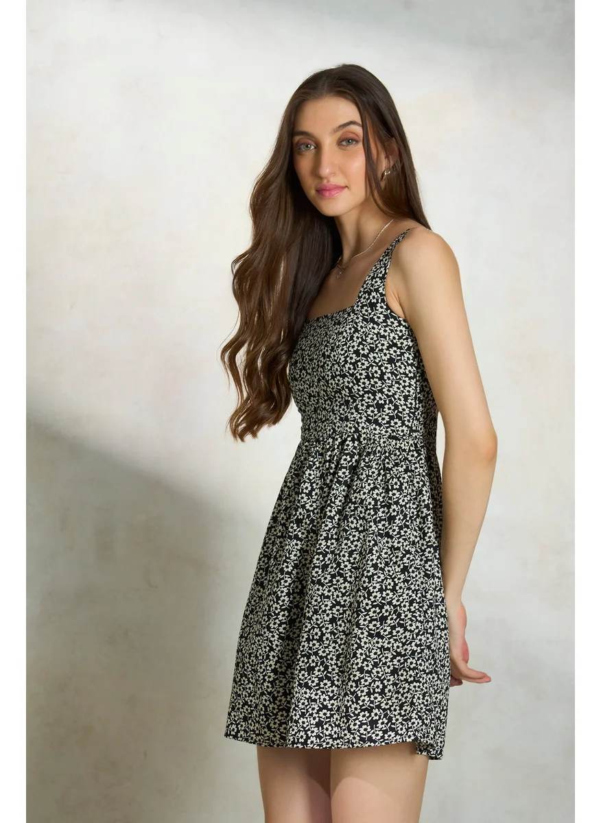 Virgio Virgio Floral Printed Square Neck Shoulder Straps Cut Out Cotton Fit & Flare Dress