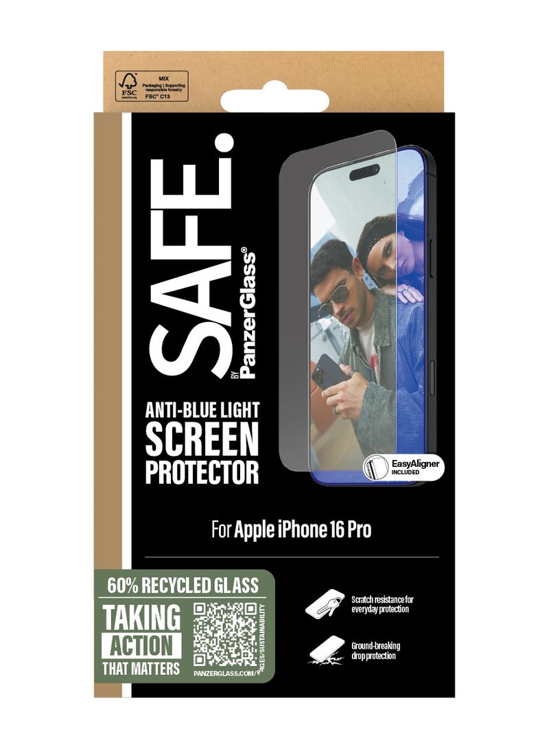 PanzerGlass SAFE by PanzerGlass® Anti-Blue Light Screen Protector for iPhone 16 Pro, 60% Recycled Glass, Smudge-Free Coating - with mounting aid for easy installation, Tempered Glass Screen Protector For iPhone 16 - Image 3