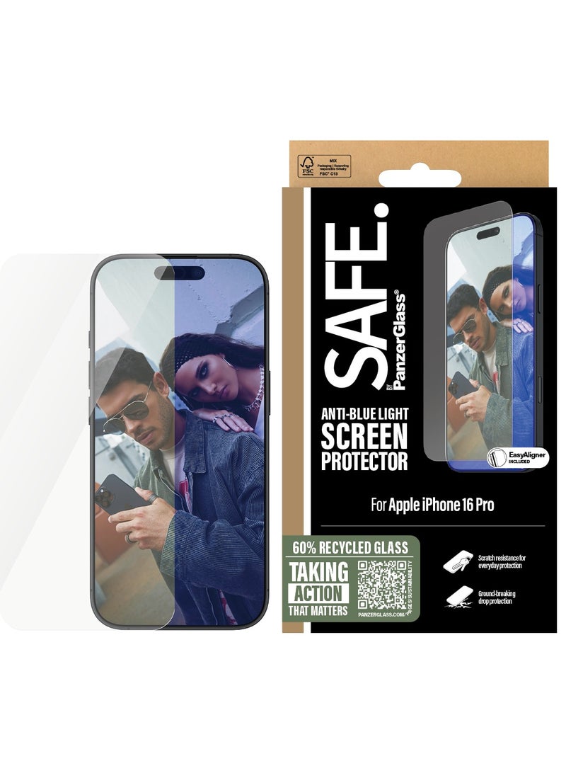 PanzerGlass SAFE by PanzerGlass® Anti-Blue Light Screen Protector for iPhone 16 Pro, 60% Recycled Glass, Smudge-Free Coating - with mounting aid for easy installation, Tempered Glass Screen Protector For iPhone 16 - Image 1