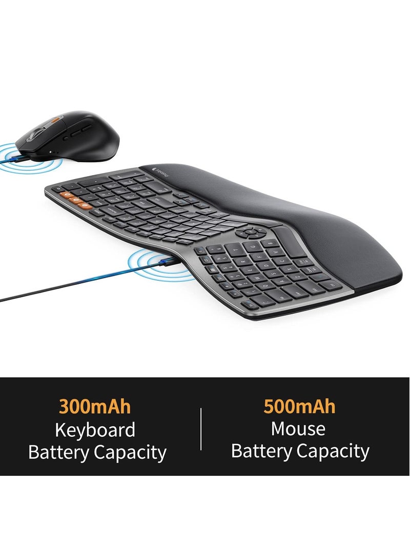 Ergonomic Wireless Keyboard Mouse, EKM01 Ergo Bluetooth Keyboard and Mouse Combo, Split Design, Palm Rest, Multi-Device, Rechargeable, Windows/Mac/Android (Space Gray)