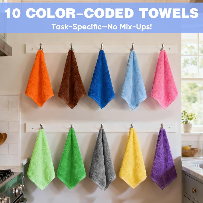 TEAWOO 10 Colors Microfiber Cleaning Cloths, 10 Pack Assorted Cleaning Rags, Highly Absorbent Microfiber Towels for Car, Kitchen, Bathroom and Household Cleaning, 11.8"X11.8" - Image 2