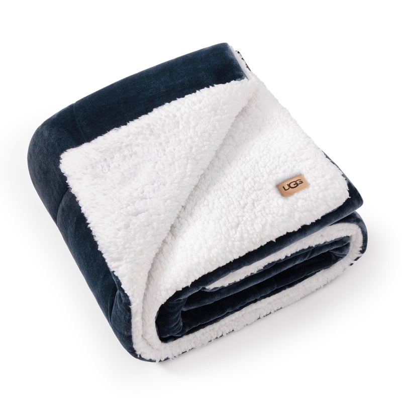 UGG Nita Throw Blanket Soft Reversible Plush Throw for Couch or Bed Washable Warm Fluffy Blanket for College Dorm Room Essentials and Bedding with Down Alternative Fill 50inch x 70inch Navy Blue